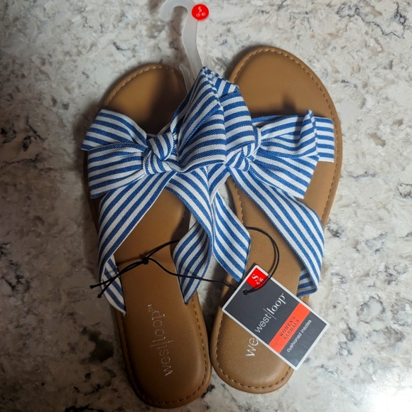 Women’s West Loop Blue & White Stripe Bow Flat Slide Sandals Size Medium 7/8 - Picture 1 of 2